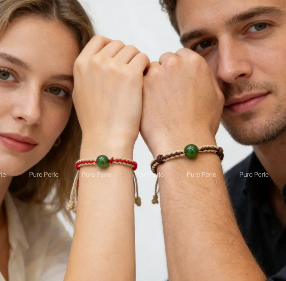 Bracelet cordon et Jade "Fil rouge, cœurs liés" offre duo