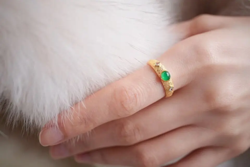 bague argent doré et jade