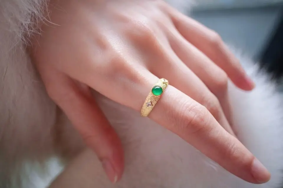 bague argent doré et jade