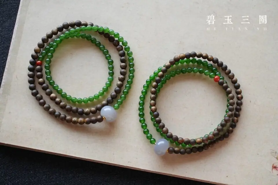 Bracelet Luxe 3 Rangs – Jade Naturel AAA & Bois d’Agar