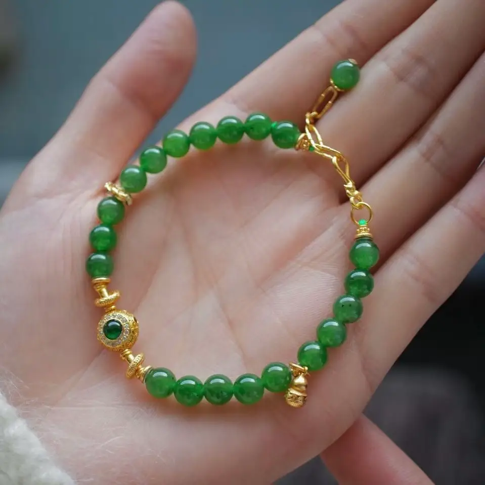 Bracelet en jade vert naturel et argent 925 doré – Élégance et énergie positive