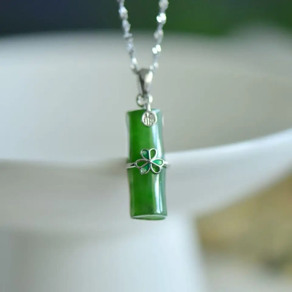 Collier jade vert bambou – Argent 925 rhodié, pendentif porte-bonheur