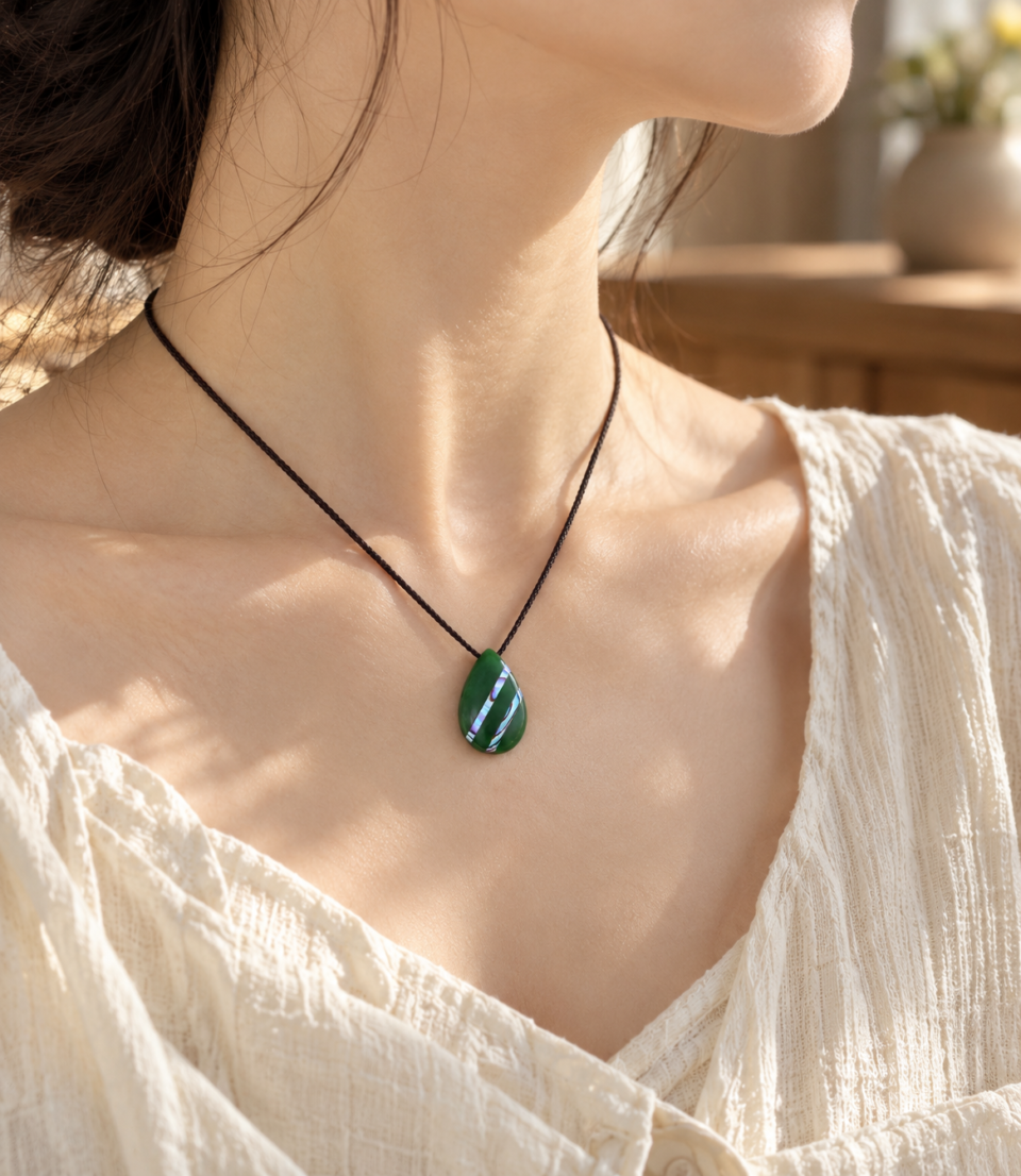 collier cordon noir jade et abalone