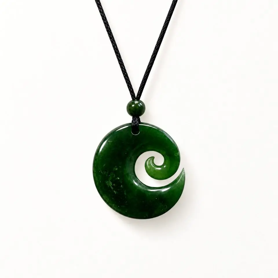 Collier cordon noir Jade Vert – Pendentif Koru Sculpté