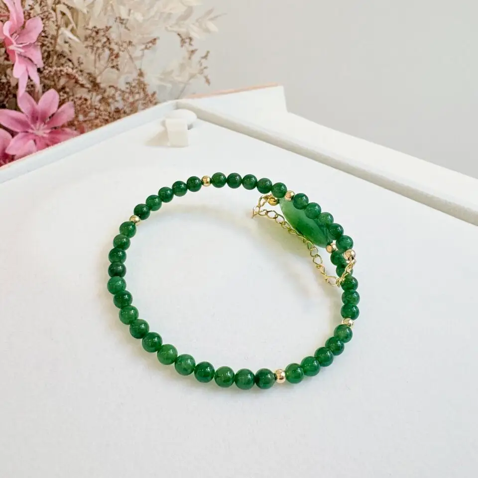 Bracelet Jade AAA 4 mm – Plaqué Or Haute Qualité – Chaînette de Sécurité